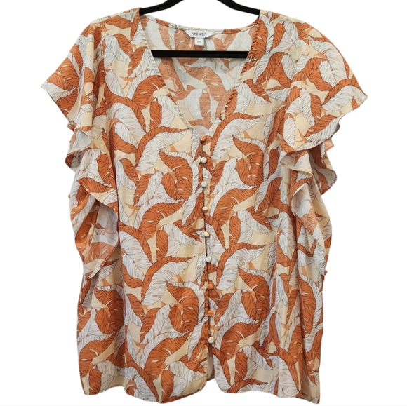 Nine West XXL Button Front Blouse Earthy Boho Leaf Print Flutter Sleeve Fall - Picture 1 of 4